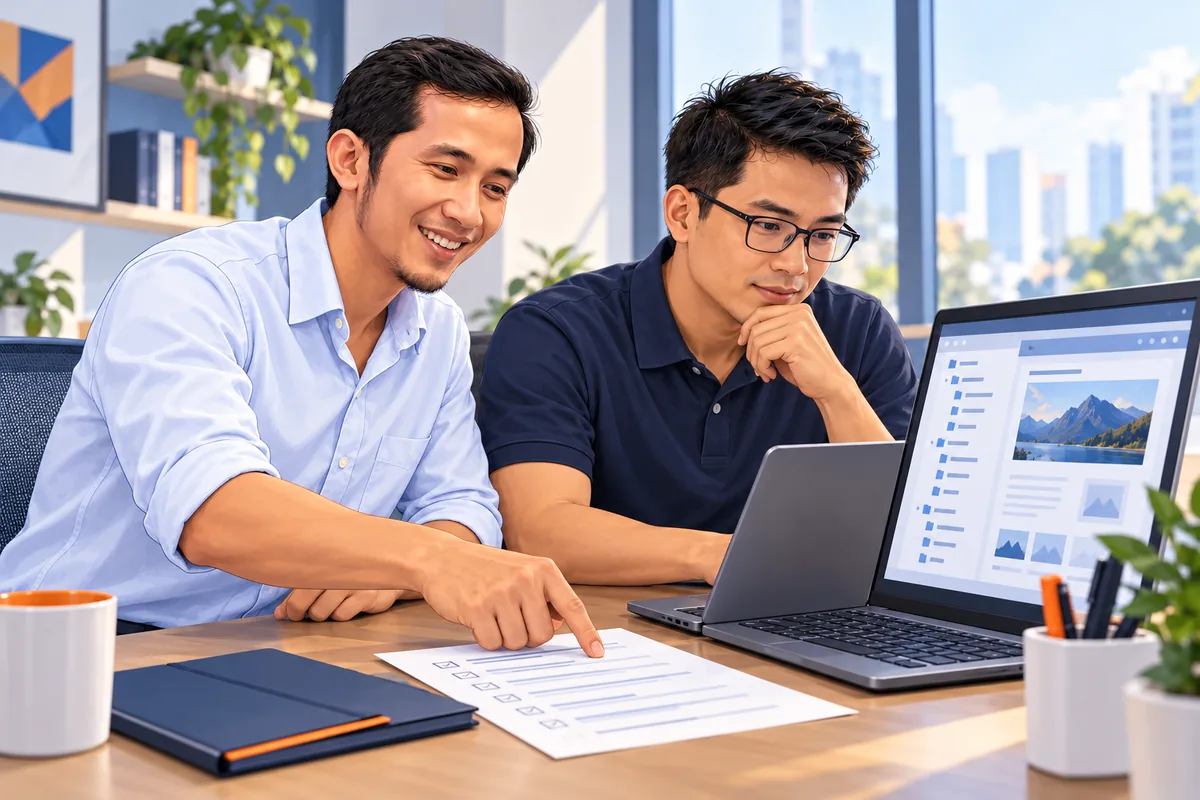 Minh họa hai chuyên viên cùng rà soát danh mục bàn giao và website trên laptop.