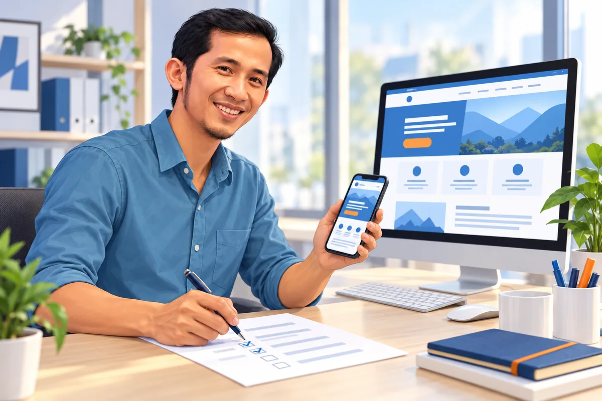 Minh họa kiểm tra website trên điện thoại, máy tính và ghi nhận vào checklist.