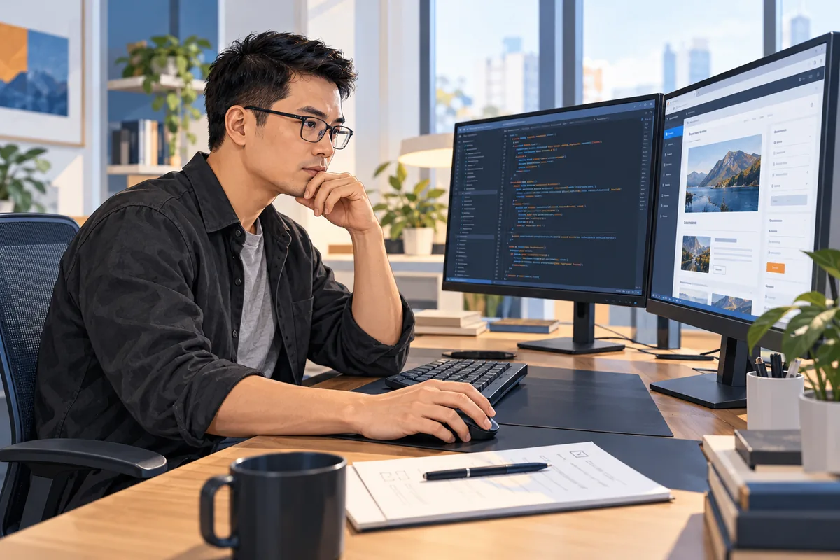 Minh họa lập trình viên rà soát mã nguồn và giao diện quản trị nội dung website.