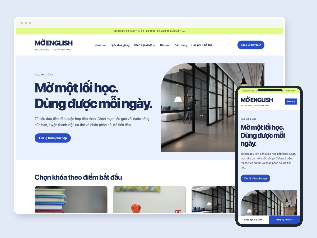 Giao diện desktop và mobile của MỞ ENGLISH